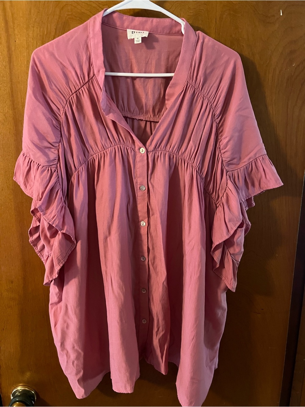 Rose Pink Button-Front Ruffle Sleeve Blouse